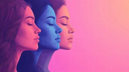Stylized female profiles in serene contemplation against a pink gradient background, suitable for International Day for the Elimination of Violence Against Women campaigns.