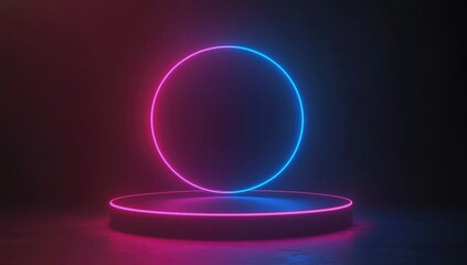 Abstract background with blue and pink neon light, glowing podium in a dark room. Vector illustration of geometric shapes for display products