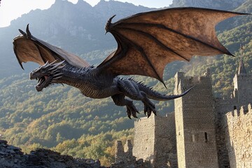 Fototapeta premium Majestic dragon soaring above ancient castle ruins under an overcast sky