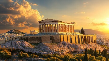 Acropolis in Athens, Greece, standing proudly against a golden sunset