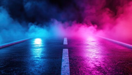 Obraz premium Abstract empty scene of a wet asphalt road with neon lights and smoke, a background for a presentation or album cover.