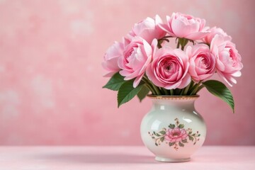 Obraz premium A delicate bouquet of pink blossoms arranged in an ornate vase, a charming and elegant floral still life against a soft pink background.