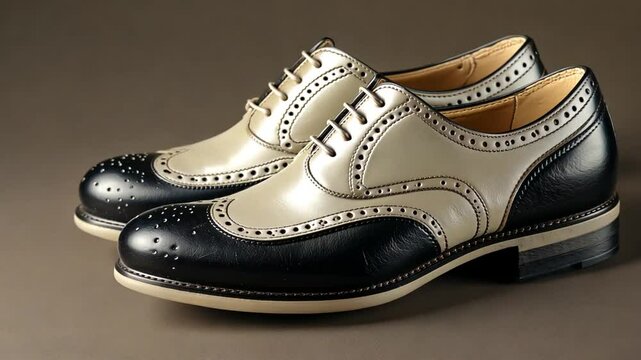 A studio shot of a pair of stylish two-toned wingtip brogue leather dress shoes.