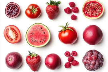 Fototapeta premium Vibrant assortment of fresh red fruits and vegetables on a white background flat lay composition healthy eating concept studio shot food photography