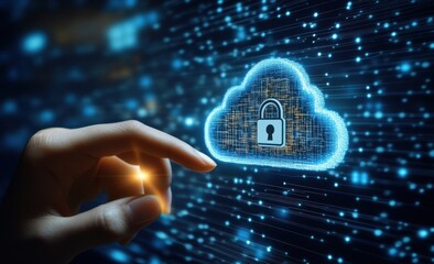 Cloud storage security concept with a digital lock and hand interaction in a futuristic design