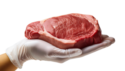 A gloved hand holds a thick, raw steak. The steak shows visible marbling, suggesting quality.