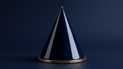 Fototapeta premium Dark Blue Glossy Cone with Gold Accents on Dark Blue Background
