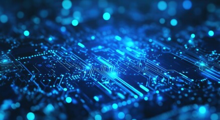 Abstract representation of a digital circuit board lit up with blue lights in an interconnected network