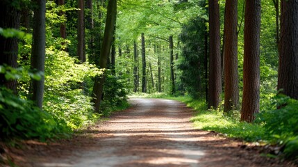 Fototapeta premium Serene Forest Pathway Through Lush Green Trees and Foliage