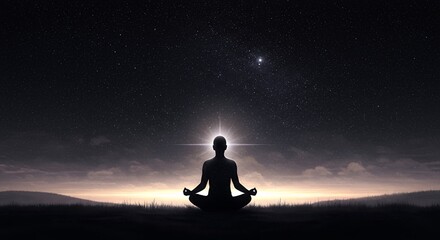 Silhouette meditates in lotus position under a starlit sky