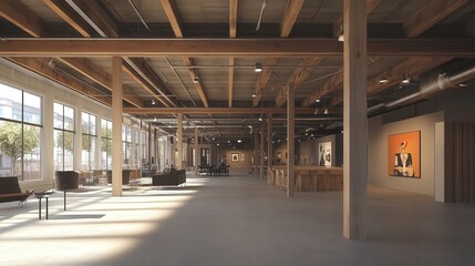 Obraz premium construction of an art gallery building, showcasing exposed beams and the future placement of artwork spaces.