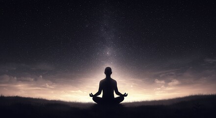 Person meditates in lotus position under starry night sky