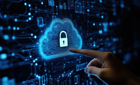 Focus on digital cloud security with a hand touching a secure lock symbol on a high-tech background