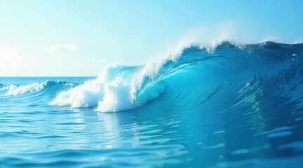 Fototapeta premium A Majestic Ocean Wave Curls and Breaks in a Vibrant Turquoise Sea Under a Clear Sky