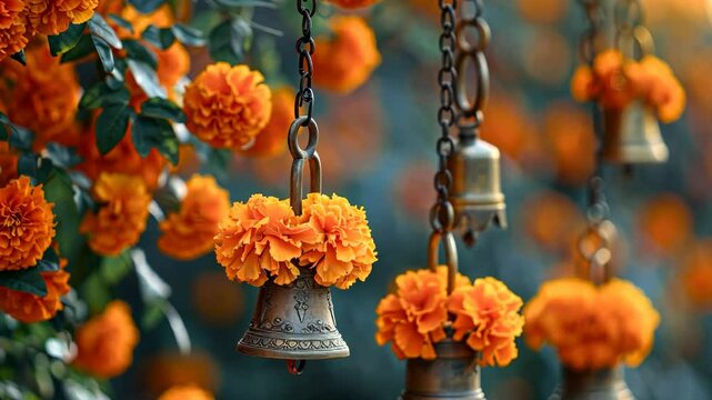 Buddhist ritual bells on an orange floral background. A traditional decoration for Indian holidays. Diwali, Pongal, Gudi Padwa. video, animation