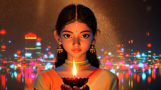  Diwali celebration, young indian woman girl holding  traditional diya lamp on vibrant blue cityscape background. mystical atmosphere that represents spiritual nature of the Festival of Lights. video