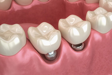 Dental implants displayed in a model of a human jaw demonstrating oral health and restoration procedures