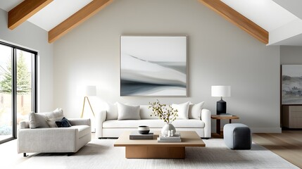 Cozy Farmhouse Style Living Room with Warm Exposed Wood Beams Neutral Color Palette of Soft Whites Grays and Creams and a Mix of Vintage and Contemporary Furniture and Decor Accents