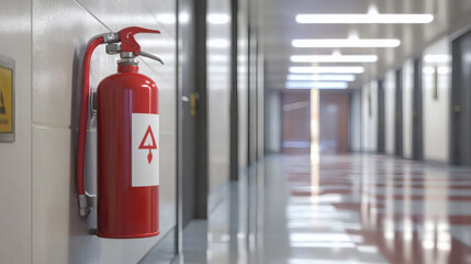 A red fire extinguisher mounted on a wall in a hallway, with polished floors and soft lighting, emphasizing safety and emergency preparedness