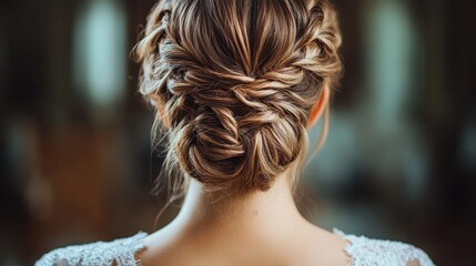 Naklejka premium Elegant Braided Updo Hairstyle on a Bride with Lace Dress Back View in Soft Lighting for Wedding Day