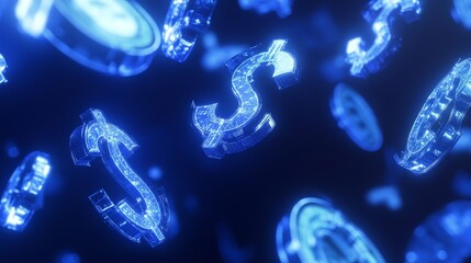 Floating currency symbols with ethereal glow, modern fintech aesthetic, navy digital background, light beam effects, premium 3d artwork, abstract technological composition, geometric minimalism