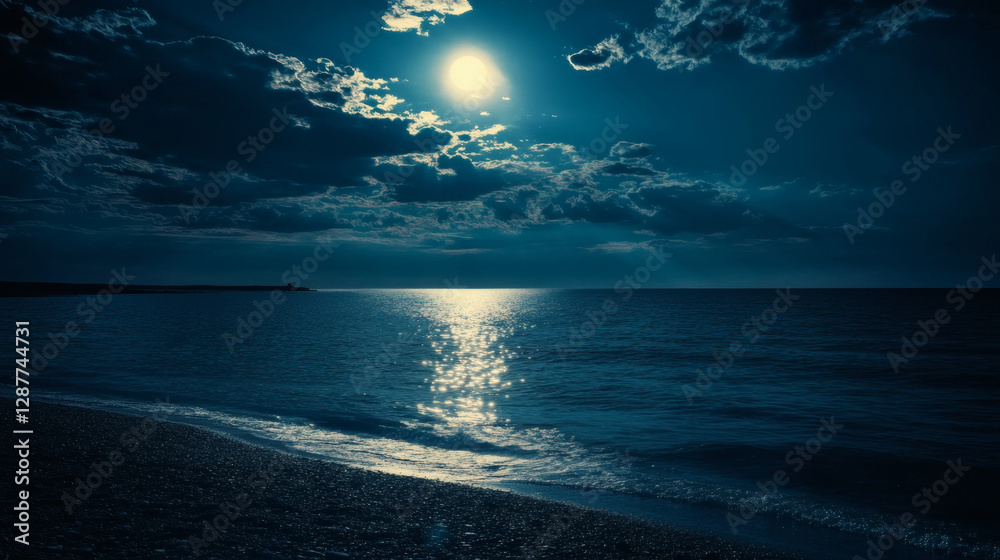 Poster a serene night scene featuring a moonlit ocean reflecting soft light on gentle waves under a sky fil