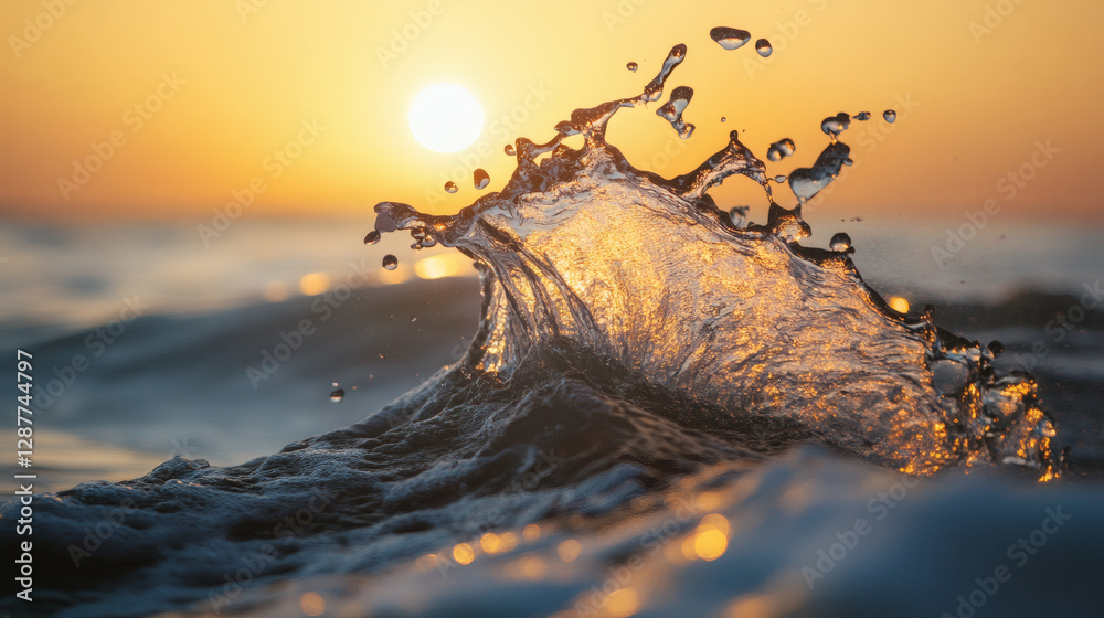 Poster A close-up of a wave splashing in the sea, with a golden sunset illuminating the scene, creating a serene and picturesque atmosphere