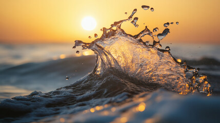 A close-up of a wave splashing in the sea, with a golden sunset illuminating the scene, creating a serene and picturesque atmosphere