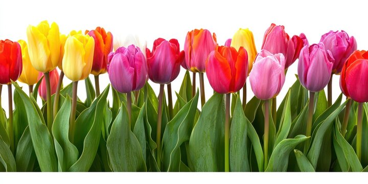 A field of tulips in vibrant colors arranged in neat rows