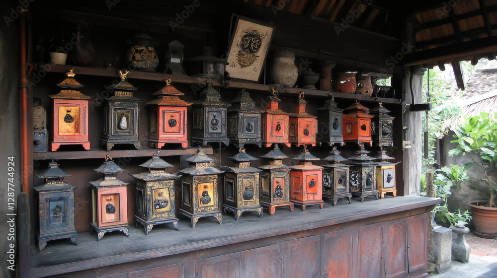 Poster A collection of colorful traditional lanterns displayed on a wooden shelf in a rustic setting, showcasing intricate designs and cultural significance