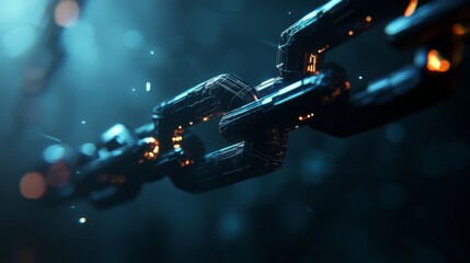 Polygon mesh blocks forming digital chain, modern network visualization, floating connection points, premium 3d modeling, dark atmosphere, light beam effects, abstract tech aesthetic