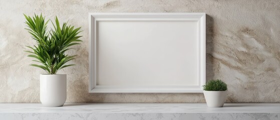 A modern, minimalist display featuring a blank frame and potted plants against a textured wall, ideal for showcasing art or decor.