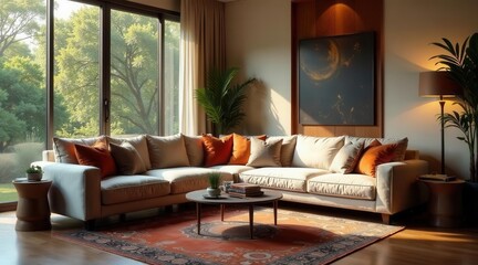 Obraz premium Serene living room with sectional sofa, orange accent pillows, coffee table, and area rug bathed in warm sunlight streaming through large windows