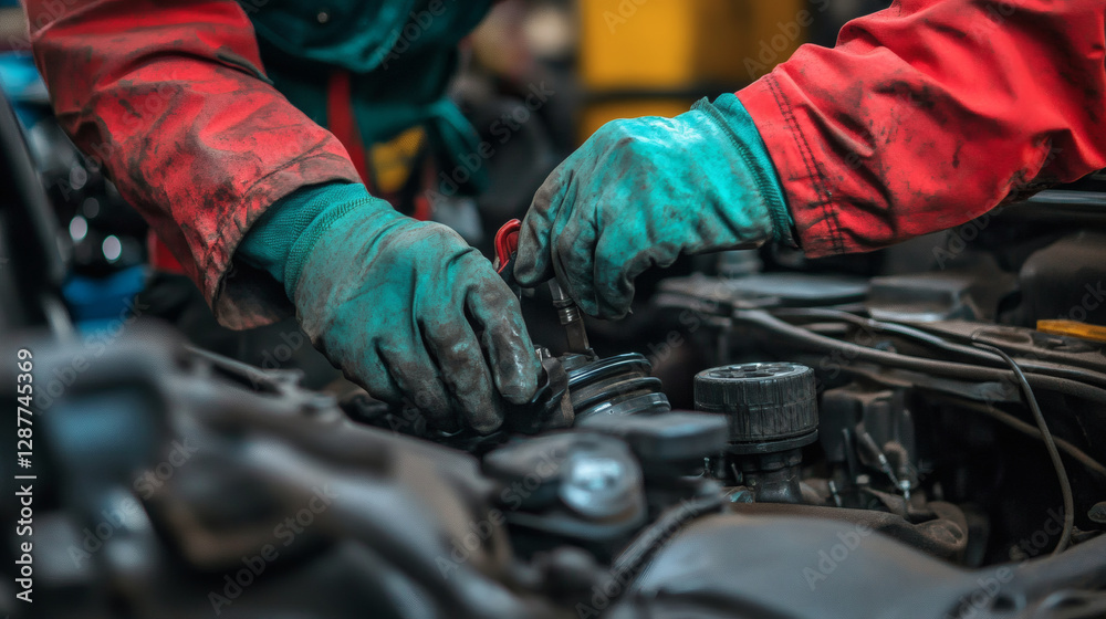 Poster a mechanic works on a vehicle's engine, using tools while wearing protective gloves in a garage sett