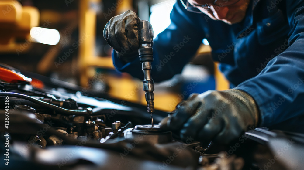 Poster A mechanic working on a car engine, using a power tool to repair or maintain the vehicle in a workshop