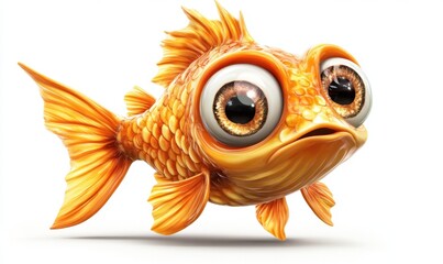 Surprised goldfish with big eyes on white background, ideal for children's content