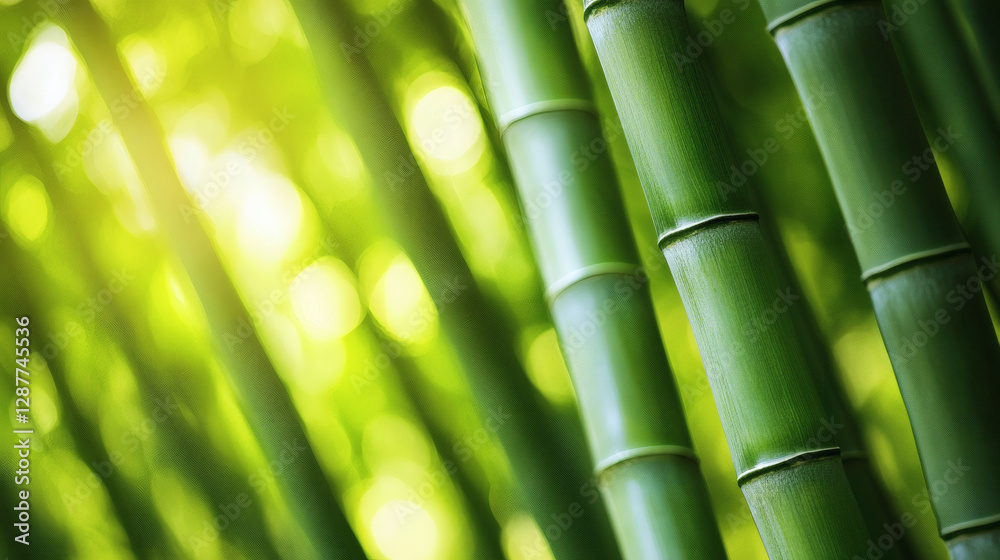 Poster a serene view of lush green bamboo stalks illuminated by soft light, evoking tranquility and connect