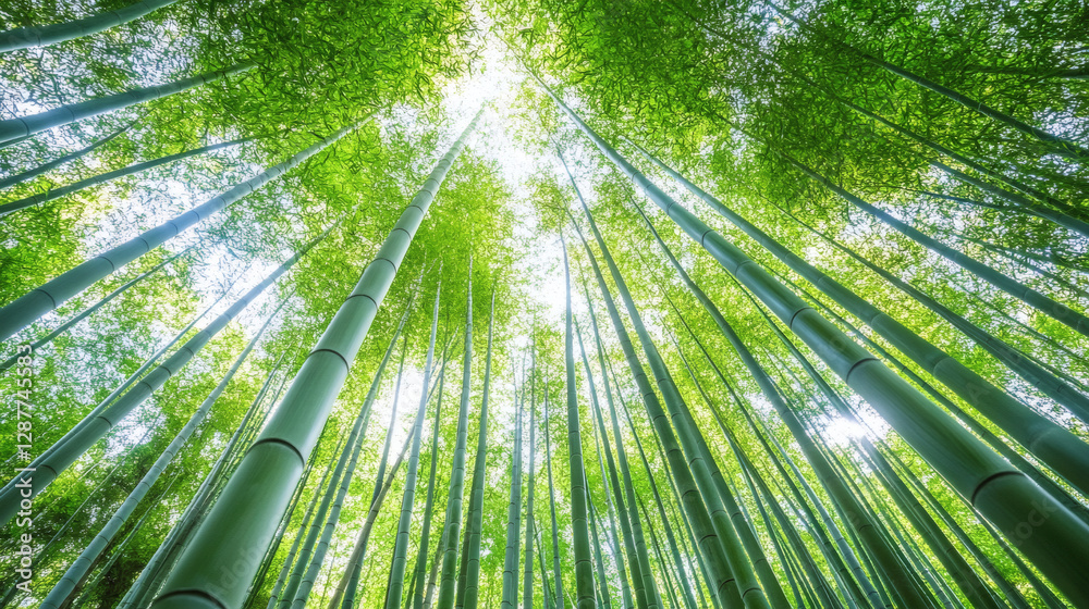 Poster a vibrant bamboo forest viewed from below, showcasing tall green stalks reaching towards the bright 