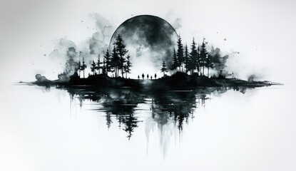 Abstract tattoo design, watercolor art style, ink wash painting of an island with trees and people walking on it in the center of composition