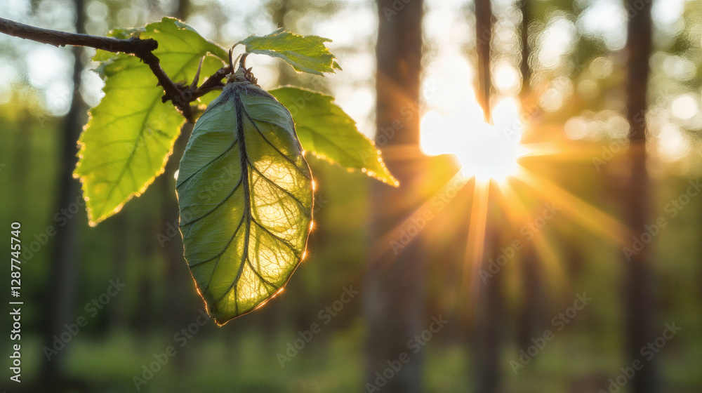 Poster a close-up of a vibrant green leaf illuminated by sunlight, surrounded by a serene forest backdrop
