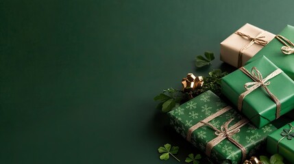 Festive Green and Gold Wrapped Gifts with Holiday Flair on Green Background
