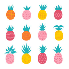 Set of abstract hand drawn pineapples. Exotic fruits.