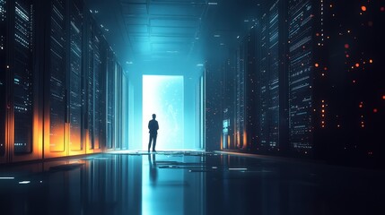 Mysterious Figure in Data Center with Glowing Lights and Shadows