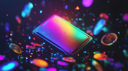 Modern e-wallet with rainbow light flows, dynamic coin animations, premium 3d modeling, obsidian black backdrop, dramatic lighting, reflective elements, financial tech composition