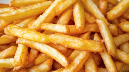 Golden, crispy French fries piled together, showcasing their delicious texture and appealing color, perfect for snacking or as a side dish
