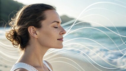A serene woman breathes deeply by the beach, embracing tranquility and the soothing ocean breeze.
