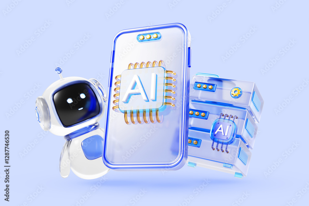 Fototapete Artificial intelligence technology 3d blue background. Glass smartphone with ai chip, chat bot robot character, data server. Machine learning, support service assistant in mobile app. 3D illustration