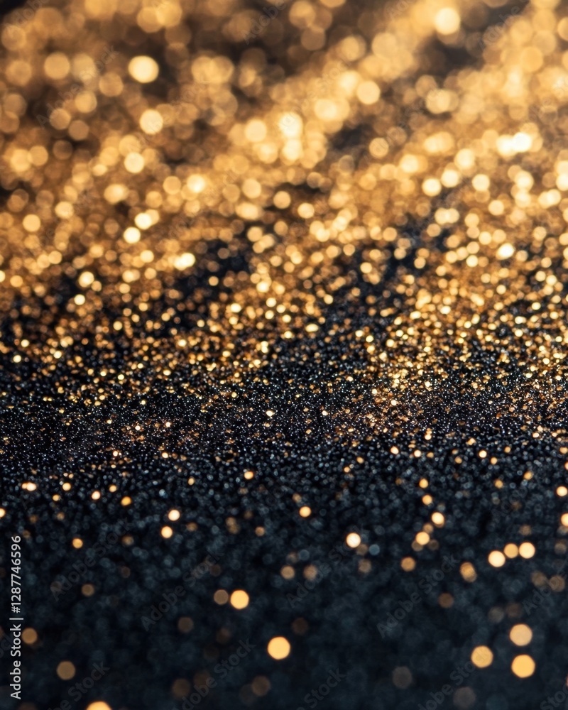 Wall mural shimmering gold glitter on a dark surface creating a bokeh effect for a luxurious and festive backgr