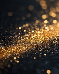 Golden glitter dust bokeh lights on dark background creating a magical and festive atmosphere with a shallow depth of field