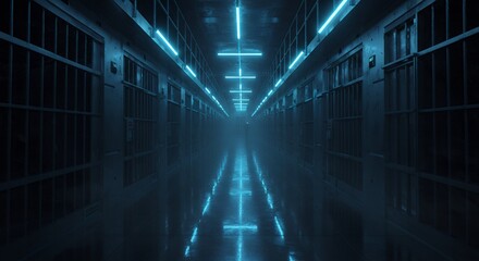 Fototapeta premium A long corridor of prison cells illuminated with blue light